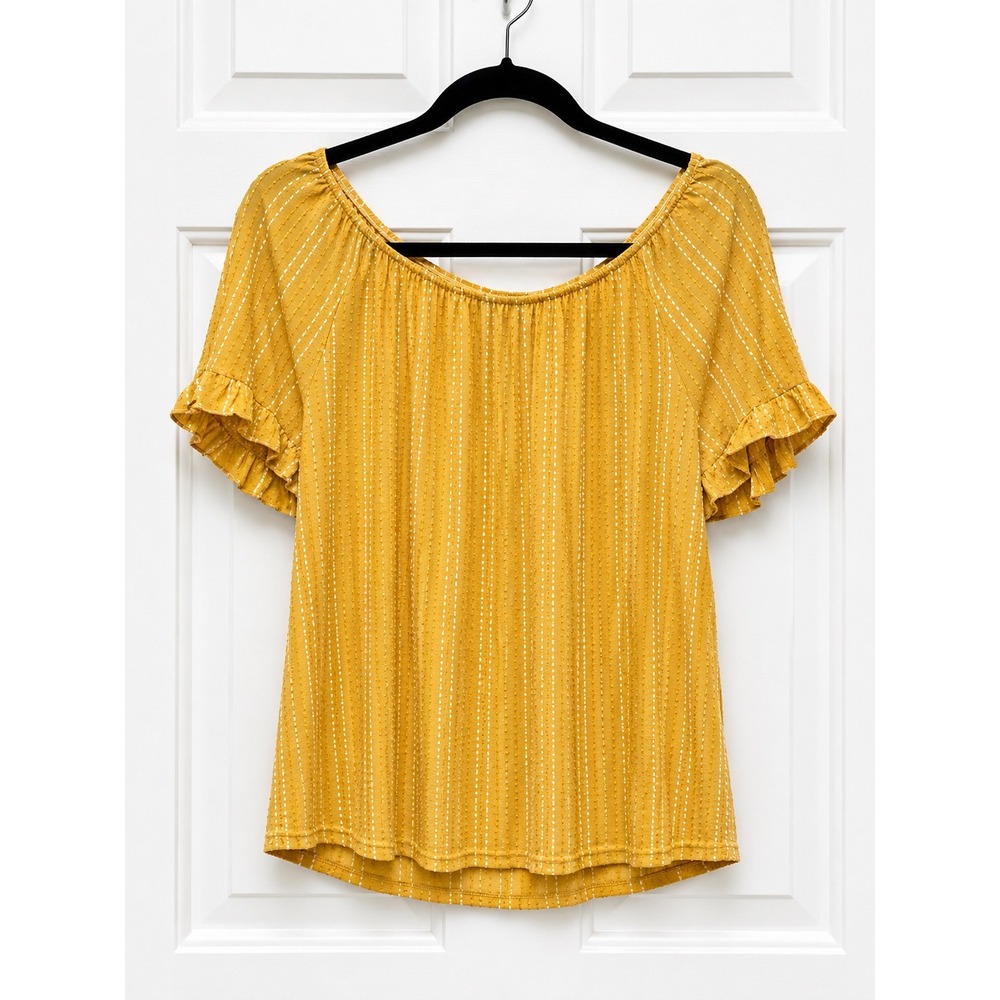 W5 Mustard Yellow Boho Peasant Top Flutter Sleeve Crinkle Textured Blouse Large